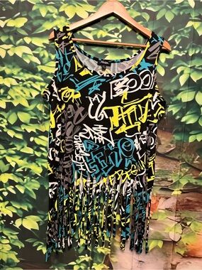 Rouge! Black Graffiti Fringe Camisole with Yellow & Teal Accents